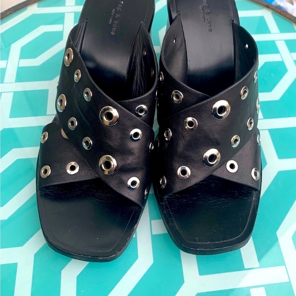 Rag & Bone Slide Paige Sandals Crisscross Black Block Heel SZ 37  $485